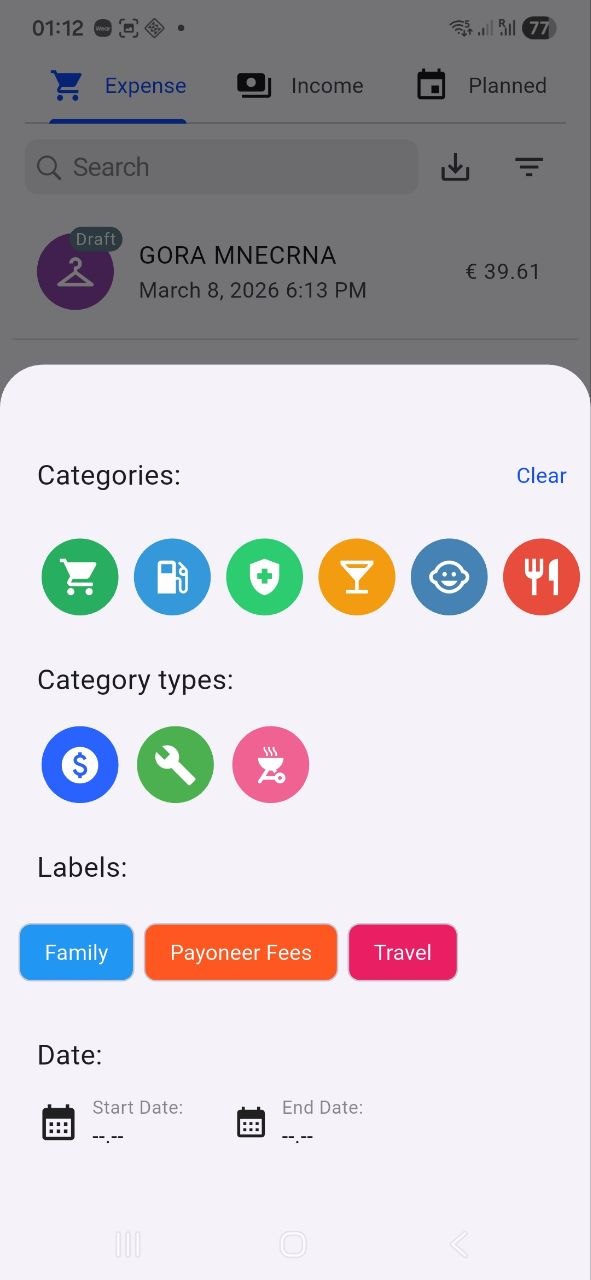 Expense list filter screenshot